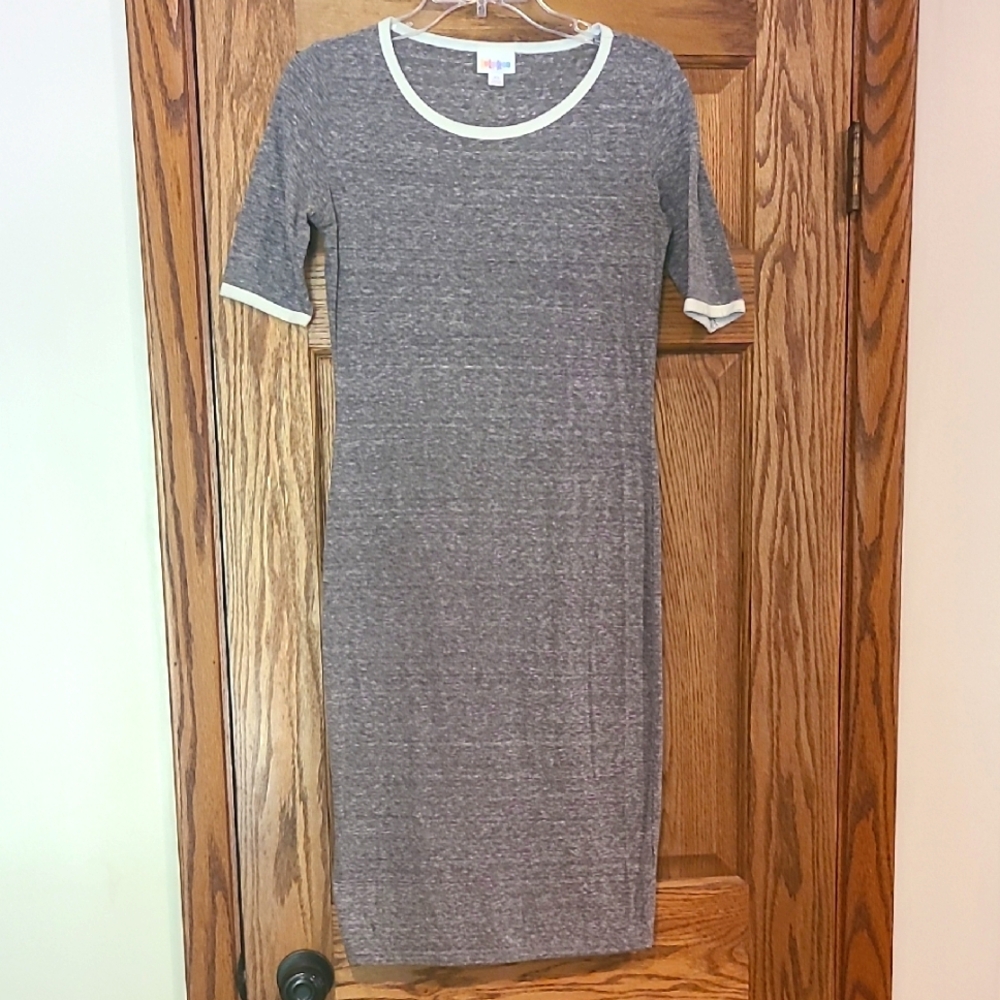 LuLaRoe Heathered Gray Midi Dress with White Trim; Size XS